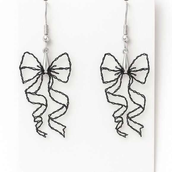 Bow Ribbon 3D-Printed Earrings w/ 925 Silver Hooks Lightweight Medium Black - Picture 2 of 3